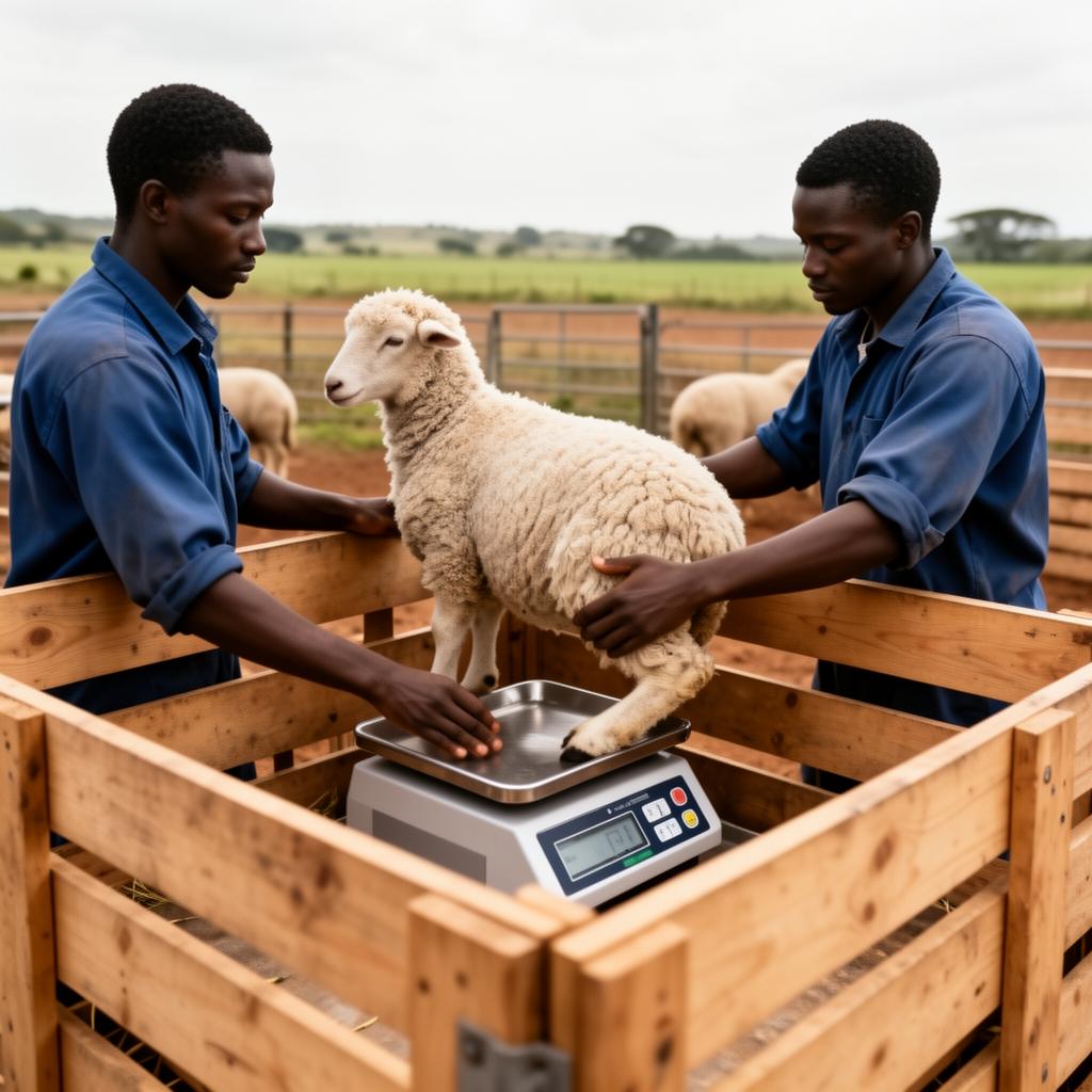Two African farm workers weighing a Dorper lamb on a digital livestock scale