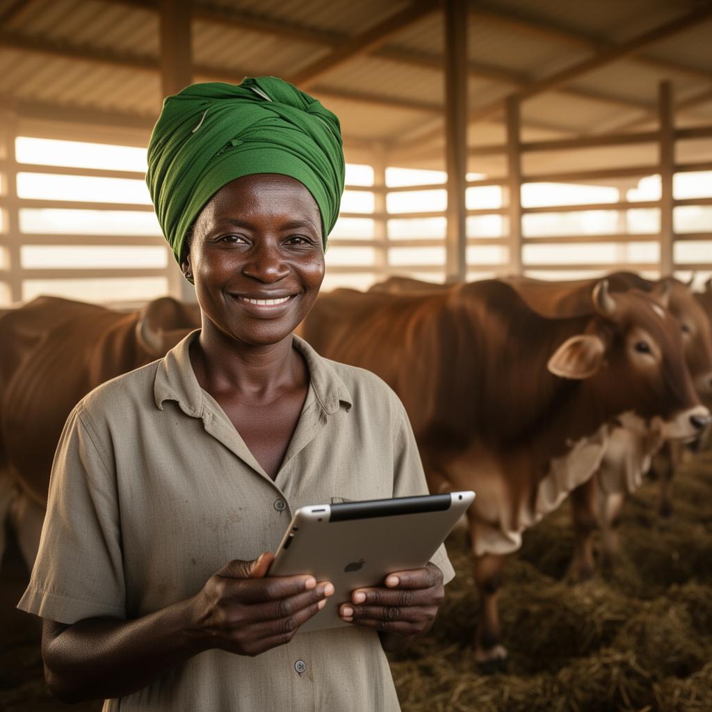 Margaret, a dairy farmer in Nakuru, holding a tablet in her cattle barn